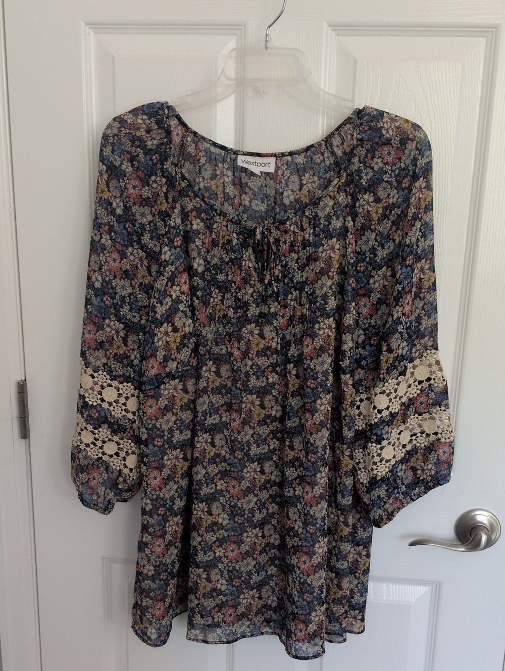 Westport Dark Floral Chiffon Blouse With Crochet Inset Sleeves - 2X